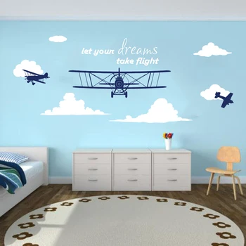 Karikatür Hayallerinizi Uçuş Uçak Bulut Duvar Sticker Oyun Odası Yatak Odası Uçak Inspiral Duvar Çıkartması Çocuk Odası Vinil Dekor