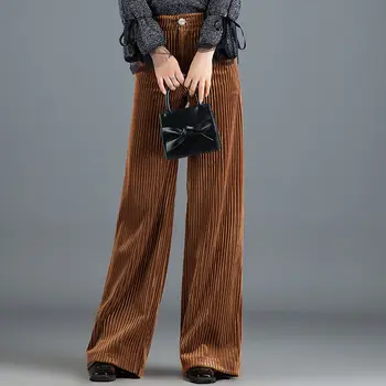 Kore Sonbahar Kış Moda Pleuche düz pantolon Yeni Katı Tüm Maç Kadın Elastik Yüksek Bel Gevşek Rahat Geniş Bacak Pantolon