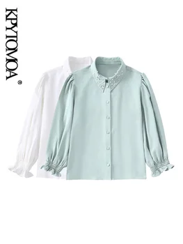 KPYTOMOA Kadın Moda Rhinestone Akan Gevşek Gömlek Vintage Üç Çeyrek Kollu Ön Düğmeler Kadın Bluzlar Chic Tops