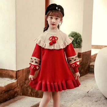Kızlar Uzun Kollu Örme Elbiseler Çocuk Uzun ÖRME Elbise Kırmızı Noel Kazak Kız Giysileri Yeni Yıl Noel Prenses Elbiseler