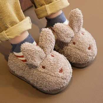 Kış Tavşan Terlik Çocuklar Yürümeye Başlayan Kız Flip Flop Erkek Kürk Slaytlar Pamuk kapalı ayakkabı Sıcak Kabarık Ev Çocuk Terlik