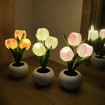 LED Lale Gece Lambası Simülasyon Çiçek Masa Lambası Saksı Saksı Bitki Masa Lambası Ev Dekor Ev Dekorasyon Atmosfer Lambası