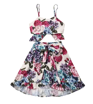 Marka Yürüyor Çocuk Bebek Kız Giysileri Çiçek Baskı Kolsuz Mahsul Askı Tops uzun elbise 2 Adet Kıyafetler yaz giysileri 1-6Y