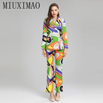 MIUXIMAO 2022 Yüksek Kalite Sonbahar ve Kış Zarif Set Uzun Kollu Çentikli Geometri Takım Elbise + Pan Moda İki Parçalı Set Kadın Yelek