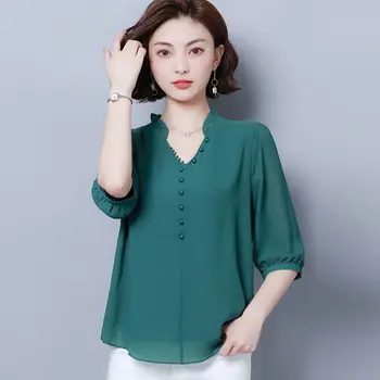 Moda Kadın İlkbahar Yaz Tarzı Şifon Bluzlar Gömlek Bayan Rahat Yarım Kollu V Yaka Katı kadın Rahat Gevşek Üstleri DF3556