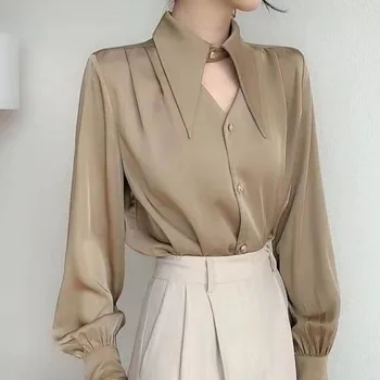 Moda Şık Turn-aşağı Yaka Uzun Kollu Bluz Kadın Giyim 2022 Bahar Yeni Kore Düz Renk Zarif OL Düğme Gömlek