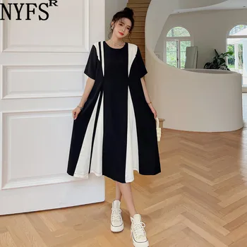 NYFS 2022 Yaz Yeni Kore Kadın Elbise Vestidos Robe Elbise Polyester Gevşek Artı Boyutu Ekleme Kısa Kollu uzun elbise L-4XL