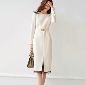 OL Banliyö Beyaz İş Elbisesi O Boyun İş Zarif Kadınlık Sonbahar 2022 Yeni Dantel Ekleme Dantel Etek Streetwear Kore Midi