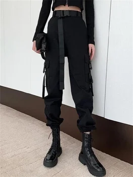 QWEEK Gotik Siyah Kargo Pantolon Kadın Hippi Streetwear Sonbahar Harajuku Gevşek Pantolon Kadın Rave Punk Düz Büyük Boy