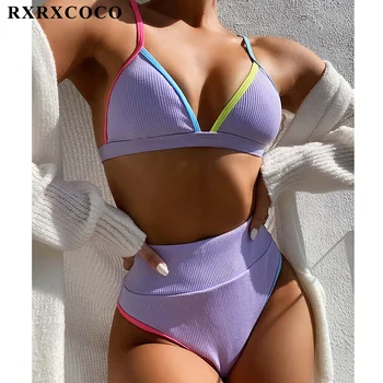 RXRXCOCO Kadın Mayo Nervürlü Mayo Kadın Push Up bikini seti Biquini Beachwear Yüksek Bel Bikini Mayo Kadınlar 2021