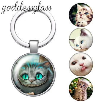 Sevimli Kediler Güzel kedi pet aile yuvarlak cam cabochon çanta anahtarlığı Araba anahtarlık Halka Tutucu Charms anahtarlıklar Hediyeler