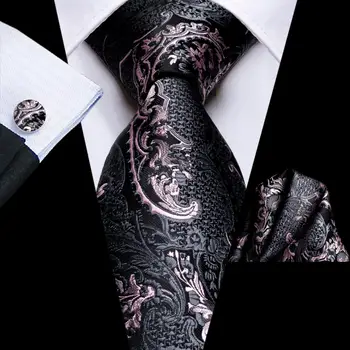 Siyah Pembe Çiçek İpek Düğün Kravat Erkekler İçin Handky Kol Düğmesi Erkek Kravat Seti Moda Tasarım İş Parti Dropshipping Hi-kravat