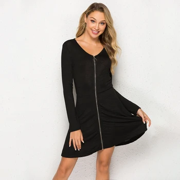 Sonbahar Bahar Elbiseler Kadın Rahat Uzun Kollu Ön Açık Zip Siyah Mini Elbise Sıska Seksi Elbise Ofis Iş Bir Çizgi elbise