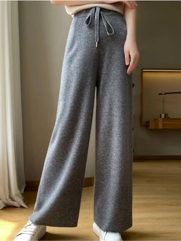 Sonbahar Kış Geniş bacak Pantolon kadın Yüksek Bel Örme Rahat Pantolon İpli Moda GEVŞEK Düz Bacak Pantolon Kadınlar için