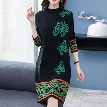 Sonbahar Kış Kadın Örgü Elbiseler Uzun Kazak 2022 Yeni Vintage Baskı Patchwork Yarım Yüksek Yaka Zarif İnce kadın elbisesi