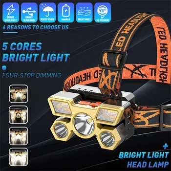 Taşınabilir 5 LED Far USB Şarj Edilebilir Far Dahili Pil Torch Taşınabilir çalışma ışığı Balıkçılık Kamp Başkanı İşık