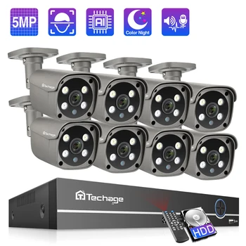 Techage 8CH 5MP Güvenlik Kamera Sistemi CCTV Video Gözetim Kiti Açık IP Kamera POE NVR AI İnsan Tespit İki yönlü Ses P2P