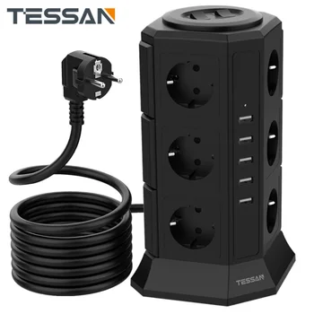 TESSAN Dikey Kule güç şeridi Dalgalanma Koruyucusu 12 Çıkışlı 5 USB 2M Kablo Avrupa Çoklu Fiş Uzatma Soketi Ev için