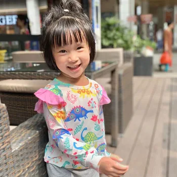Toddler Kız Karikatür Dinozor Baskı Uzun kollu T Gömlek Kawaii Giyim Tops İlkbahar / Sonbahar 2-6Y
