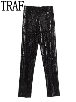TRAF Kadın Tayt Siyah Pullu Pantolon Setleri Yüksek Bel Pantolon Kadın Takım Elbise Moda Streetwear Y2k Dar Kadın Pantolon