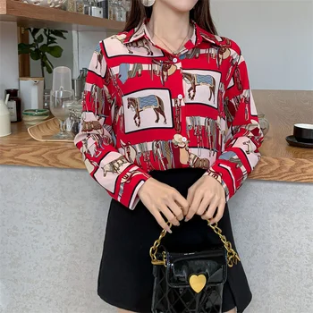 Uzun Kollu Gömlek Kore Moda Vintage At Baskı Şifon Bluzlar Kadınlar için Chemise Ropa Para Mujer Casual Blusas Feminina