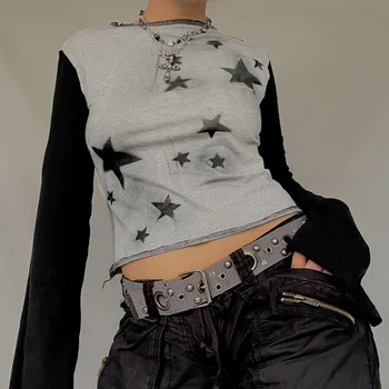 Uzun Kollu Yıldız Üst Y2K Tee T Shirt Vintage Grunge 2000S Estetik Elbise 90S Streetwear Kore Moda Kadın