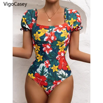 VigoCasey Çiçek Baskı Kadın Mayo 2021 Kollu Mayo Tek Parça Fırfır Bodysuit Seksi Beachwear Yüksek Kesim Mayo