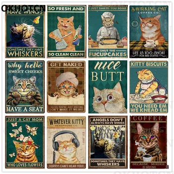 Vintage Komik Tekir Kedi kahve teneke İşareti Sevimli Kediler Posteri Metal İşaretleri Metin Perişan Dekoratif Levha Teneke Boyama Adam Mağara Dekor