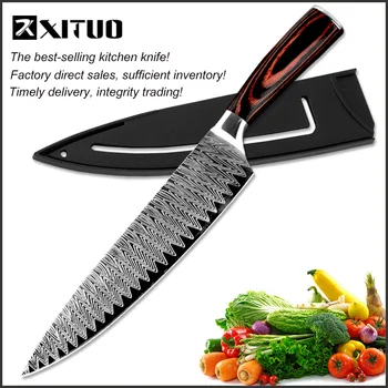 XITUO Yüksek Kaliteli Mutfak şef bıçağı 8 İnç mutfak bıçağı Aracı Yüksek Karbonlu Paslanmaz Çelik Zımpara Lazer Desen Dilimleme Bıçakları
