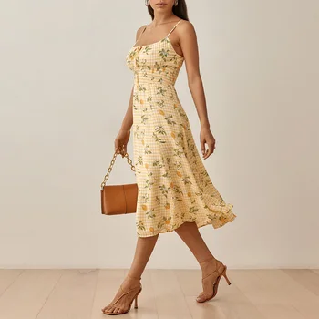 Yaz elbisesi Kadın Giyim İçin 2021 Ekose Ve Limon Baskı Plaj Elbise Tatil Kravat Boyun Kolsuz Spagetti Kayışı Midi Elbise