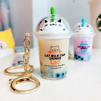 Yeni Anahtarlık Karikatür Kedi Araba Anahtarlık Mini Süt çay bardağı Sıvı Kristal Quicksand Pullu Anahtarlık Çanta Kolye Kadınlar için