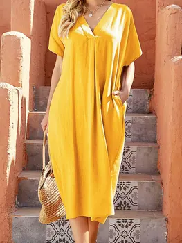 Yeni Kadın Yaz Kısa Kollu Uzun Elbiseler Düz Renk V Yaka Rahat Gevşek Moda Etek Bayan Klasik Zarif Tarzı Elbise