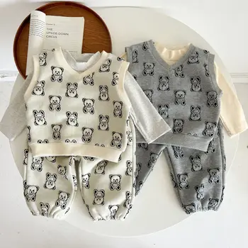 Yenidoğan Erkek Bebek Rahat Gevşek Yelek Ve pamuklu pantolonlar 2 adet Set Toddler Kız Katı Dip Gömlek Basit Kazak Tops