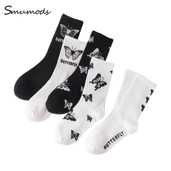 YENİ Sevimli Baskı Beyaz Siyah Karikatür Çorap Kelebek Desen Kore Tarzı Kadın Uzun Kadın Çorap Toptan Tasarımcı Çorap Kawaii