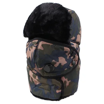 Yetişkin EarFlaps Rus Bombacı Şapka Rüzgar Geçirmez Kış Kamuflaj Trapper Şapka Erkekler için Kalın Sıcak Şapka İle Yüz Maskesi