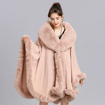 Yumuşak Lüks Faux Tavşan Kürk Ceket Pelerin Uzun Kış Kadın Geniş Yatak Açma Yaka Palto Örgü Hırka Parti Pelerin Şal