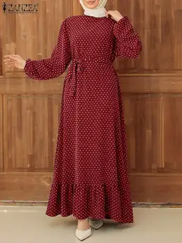 ZANZEA Kadınlar Moda Uzun Kollu Ruffles Hem Müslüman Dubai Türkiye Sundress Ramazan Elbiseler Vintage Polka Dot Baskılı Maxi Elbise