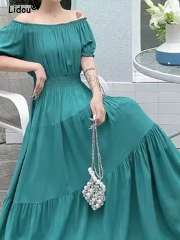 Zarif Moda Bir Kelime Yaka Çiçek Baskı Bel Ayak Bileği Etekler 2022 Yeni Yaz Şık Grace kadın giyim Sundress Elbiseler