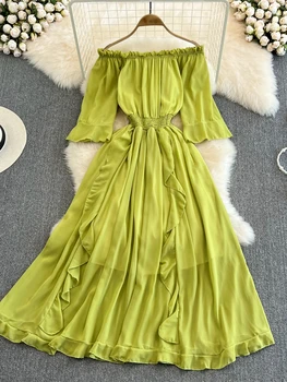 Zarif Şifon rahat elbise Kadın Yarım Kollu Seksi Kapalı Omuz Vintage Parti Elbiseler Bayanlar Yüksek Bel Katı Ruffles Uzun Elbise