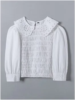 Zevity Kadın Moda Hollow Out Nakış Yaka Patchwork Beyaz Poplin Kısa Önlük Bluzlar Bayan Şık Gömlek Kırpma Üstleri LS10054