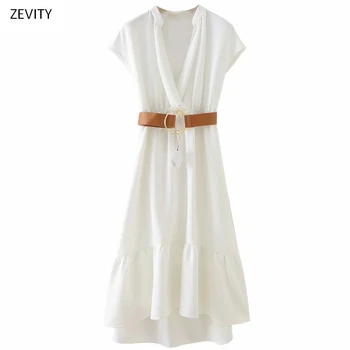 Zevity Yeni kadın v boyun katı kısa kollu vestido elastik bel sashes midi elbise şık kadın hem ruffles günlük elbiseler DS3964