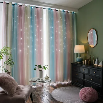 Çift Katmanlı İçi Boş Yıldız Karartma Perdeleri Oturma Odası Çocuk Odası için Renkli Pencere Perde Perdeler Beyaz Tül