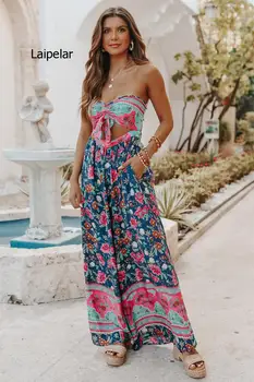 Çiçek Baskılı Bohem Tarzı Tulumlar kadın Zarif Straplez Cut - out Aç Geri Geniş Bacak Uzun Tulum yaz kıyafetleri