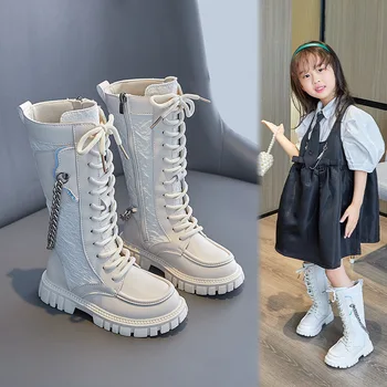 Çocuk Ayakkabı Kızlar Uzun Çizmeler Sonbahar Kış Moda Çocuk Orta buzağı Yumuşak Deri Çizmeler Prenses Zincir Tasarım Kızlar Şövalye Çizmeler