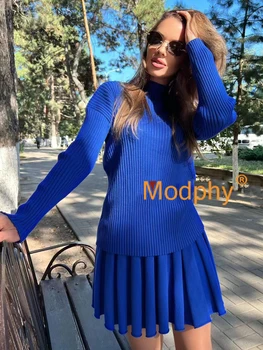 Ücretsiz Kargo 2022 Kadın Örme Kazak Seti Mini Pilili Yüksek Bel Etek Gevşek Kazak Kazak İki Parçalı Set Bayan Takım Elbise