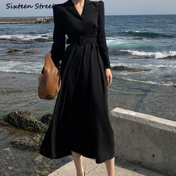 Şık Siyah Maxi Elbise Kadın Kemeri 2023 Bahar Turn-aşağı Boyun Vestido Elbise Kadın Uzun kollu kadın giyim Kore